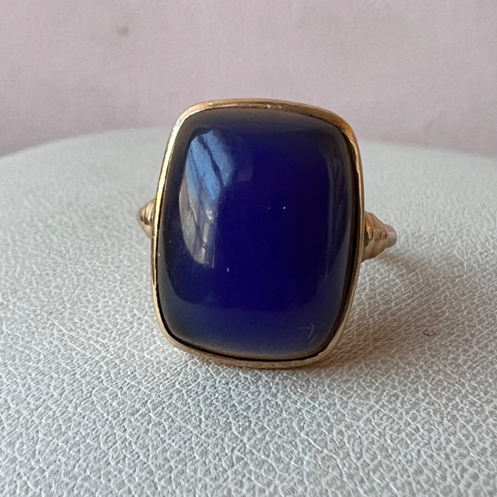 VINTAGE 14K YELLOW GOLD BLUE PURPLE CHALCEDONY CABOCHON RING EUROPEAN HALLMARK - Picture 12 of 16